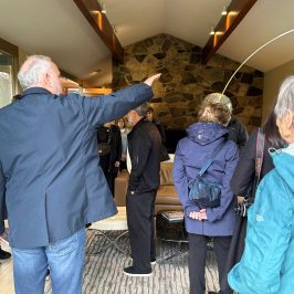 a group of people standing in a room
