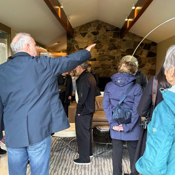 a group of people standing in a room