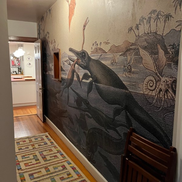 a room with a sink and a mirror