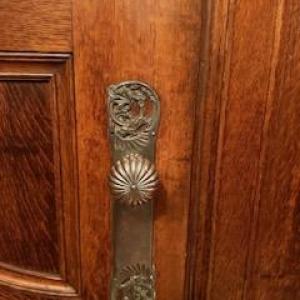 a cat sitting on top of a wooden door