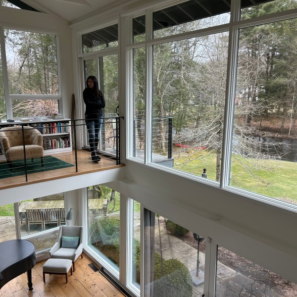 a bench in front of a window