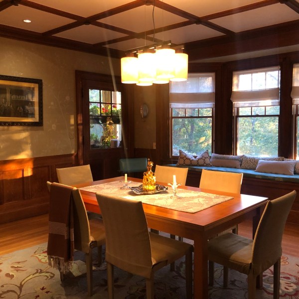 a room filled with furniture and a large window