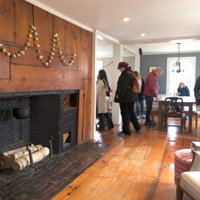 a group of people standing in a room