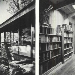 Split image: left shows a wooden porch; right shows a library with wooden shelves and skylight.