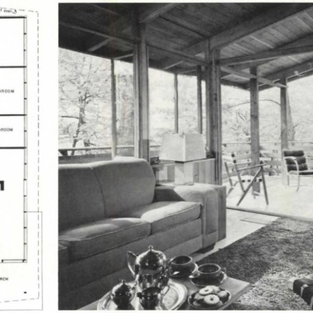 House floor plan and cozy living room with large windows and outdoor view.