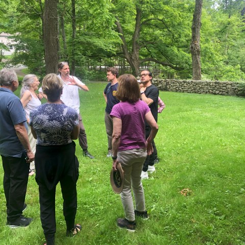 Group of people talking in a lush green park surrounded by trees.