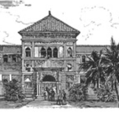 Historical illustration of a large, ornate building with multiple arches and palm trees in front.