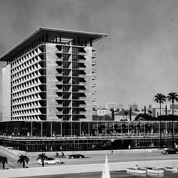 Retro illustration of a modernist, multi-story building with palm trees and cars nearby.