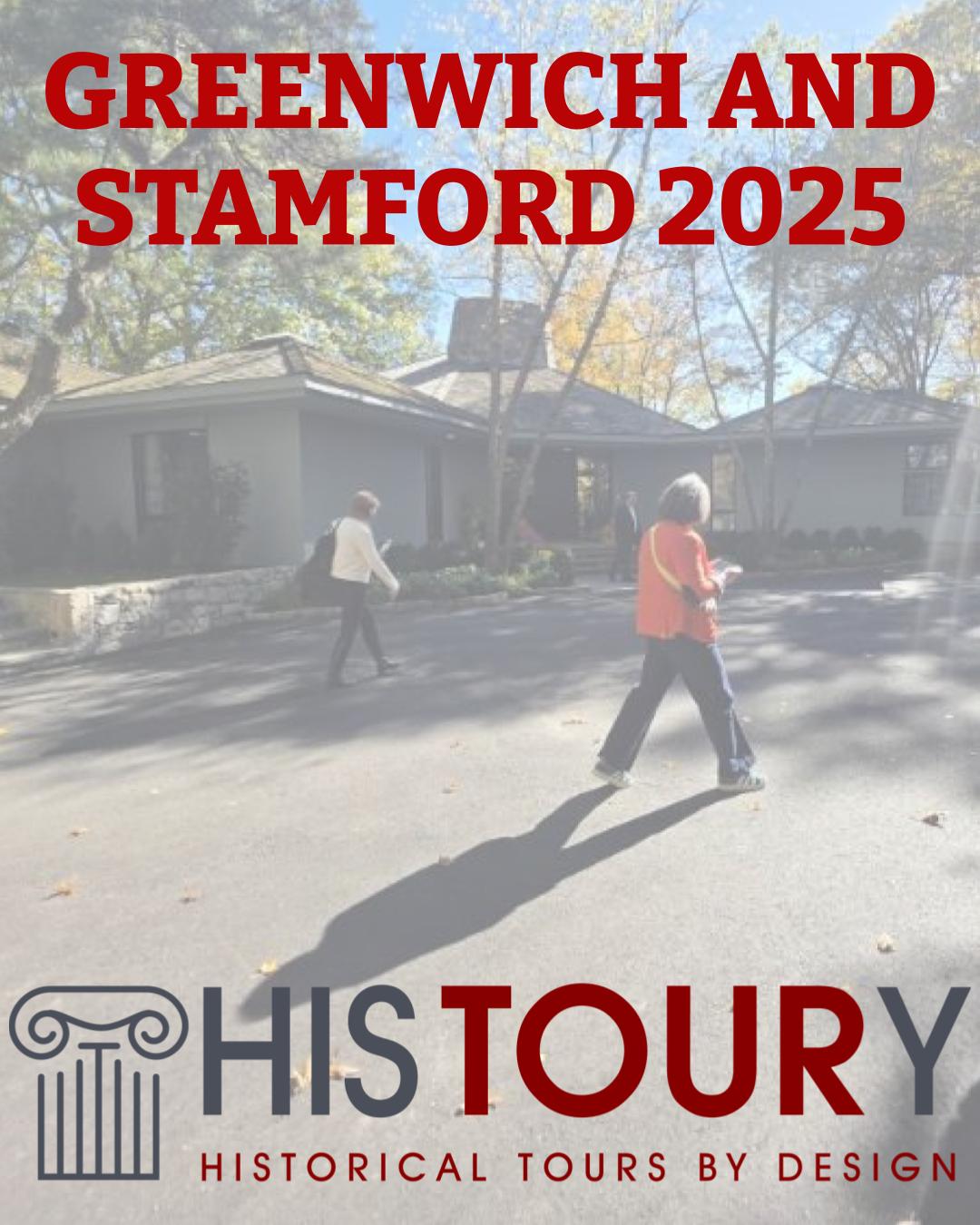 People walking outside a house with 'Greenwich and Stamford 2025' text above.