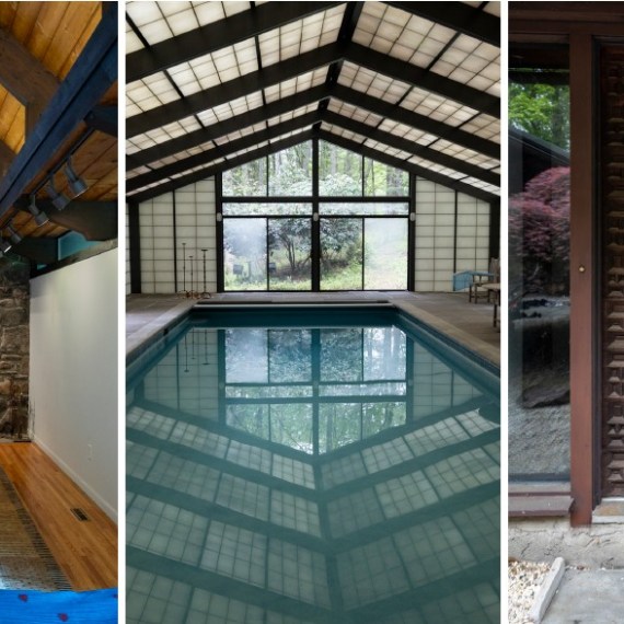 Three-image collage: stone fireplace, indoor pool, wooden door with stone wall.