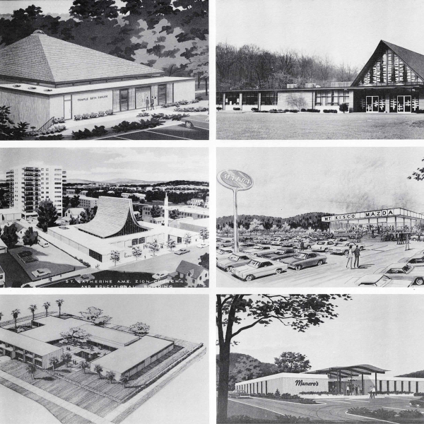 Six architectural illustrations of various mid-century buildings, including churches, a car dealership, and a store.