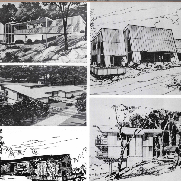 Five architectural sketches of modernist houses surrounded by trees.