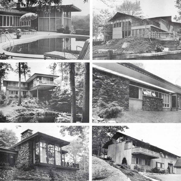 A collage of six black and white photos of mid-century modern homes.