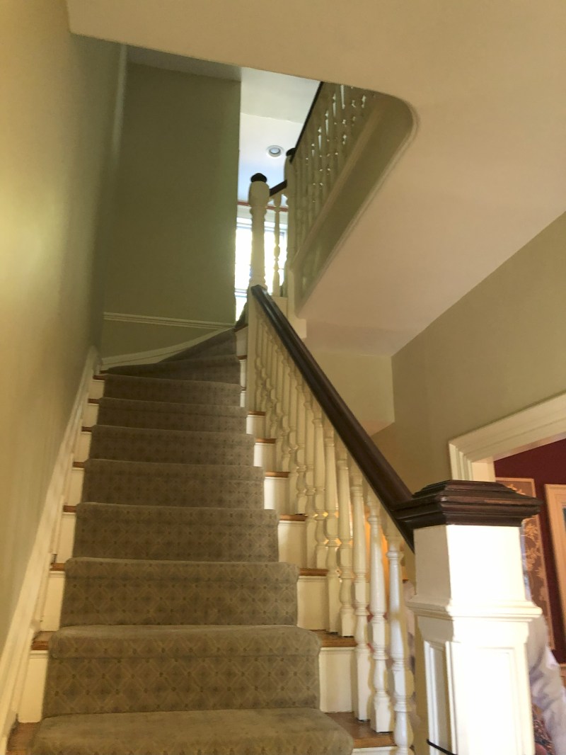 Carpeted staircase with wooden railing in a residential setting.