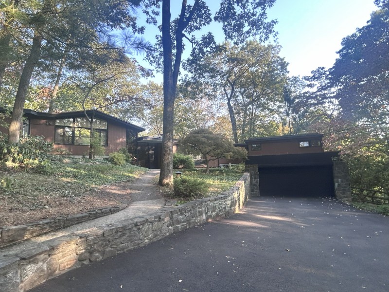 Modern house with large windows, surrounded by tall trees and a paved driveway.