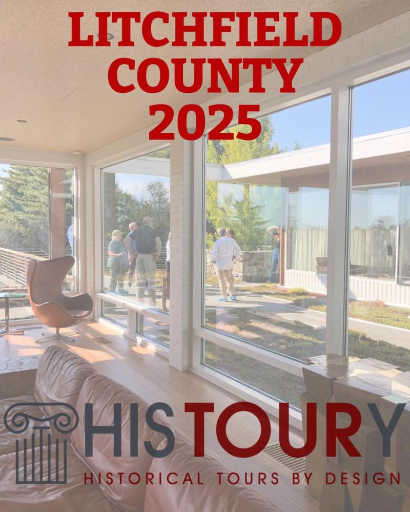 Interior view with people outside, large windows, and text: 'Litchfield County 2025' and 'HISTOURY'.