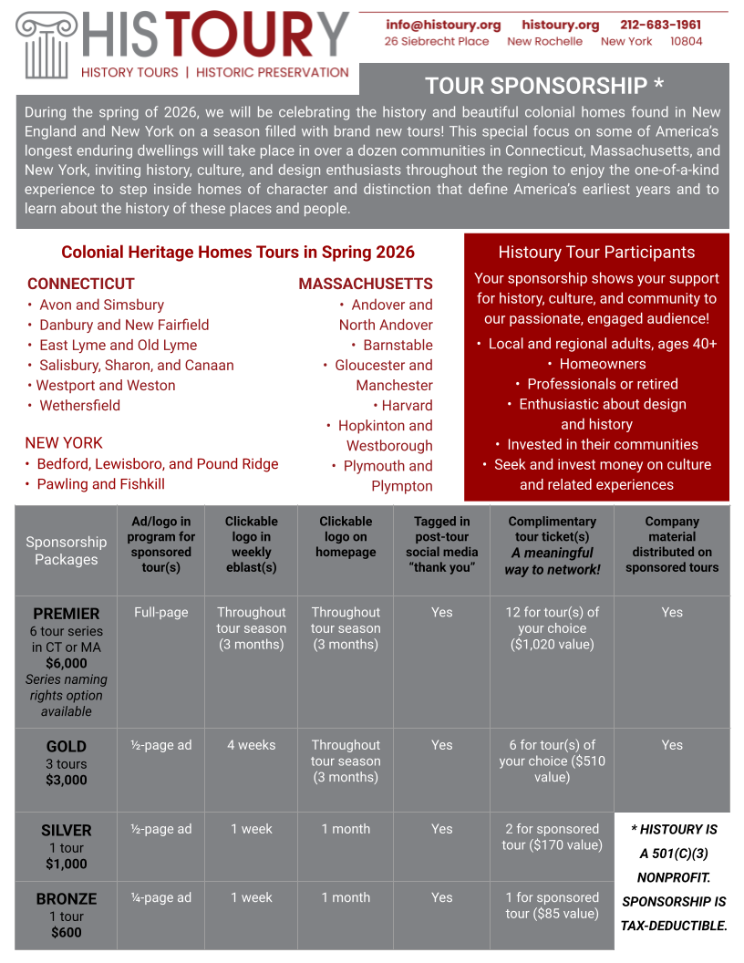 Event flyer for 'HisTOURY' colonial home tours with details on locations and sponsorship packages.