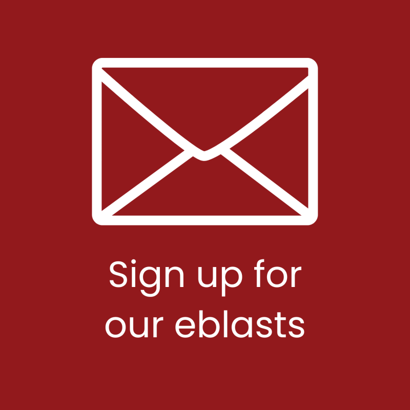 Envelope icon with 'Sign up for our eblasts' text on red background.