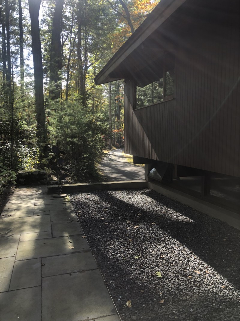 House with sloped roof in wooded area, pathway and sunlight filtering through trees.