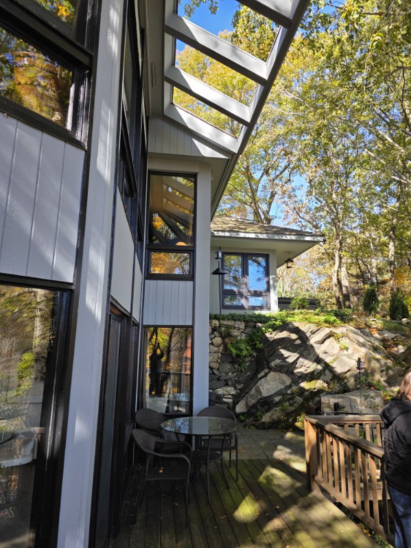 Modern house with deck, glass table and chairs, surrounded by trees.