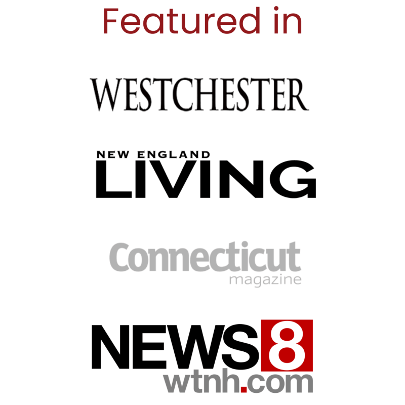 Logos of Westchester, New England Living, Connecticut Magazine, and News 8.