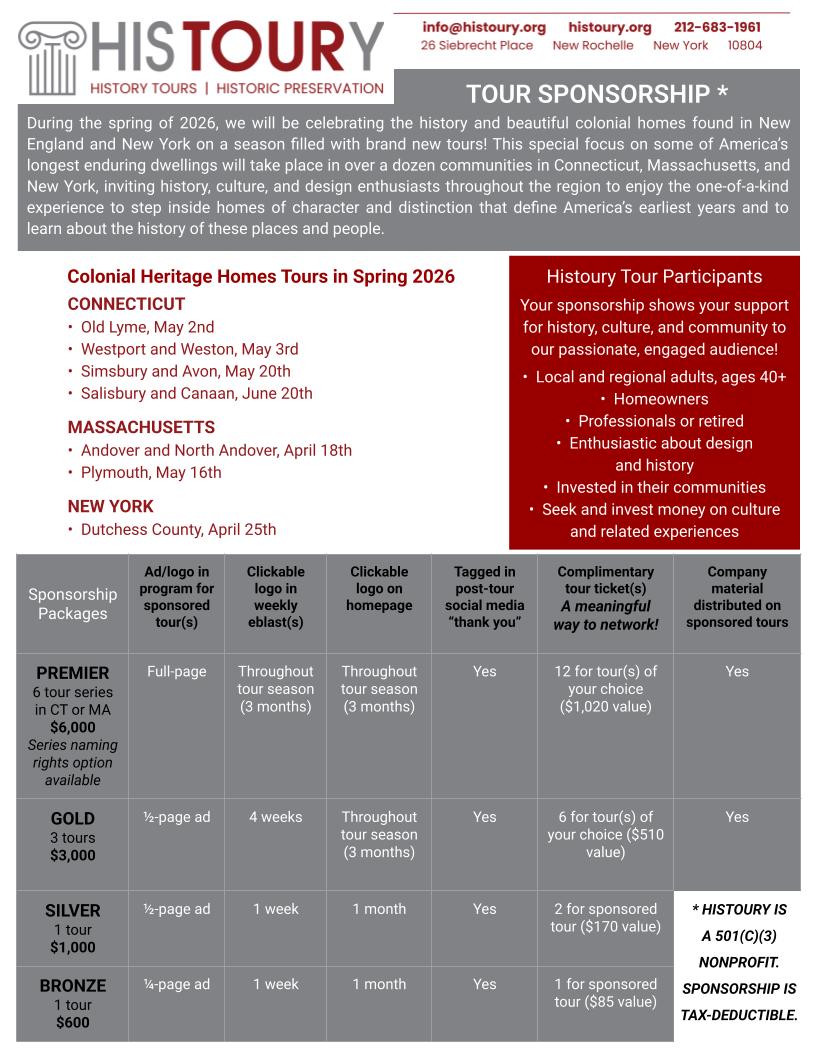 Histoury sponsorship flyer for colonial home tours in Spring 2026 with package details and tour dates.