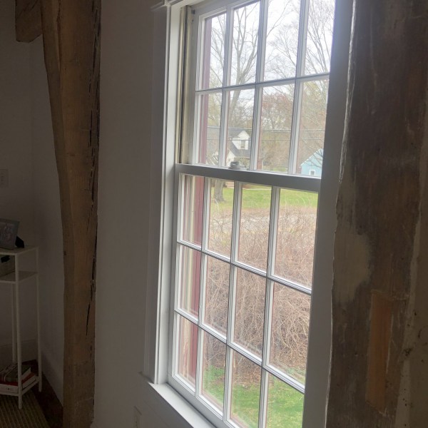 Window with curtains open, overlooking a yard and trees.