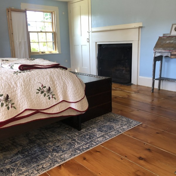 Cozy bedroom with wood floor, blue walls, fireplace, bed, and window.